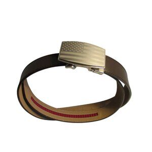 *NEXBELT Chestnut Brown Leather Belt w Flag Motif Buckle